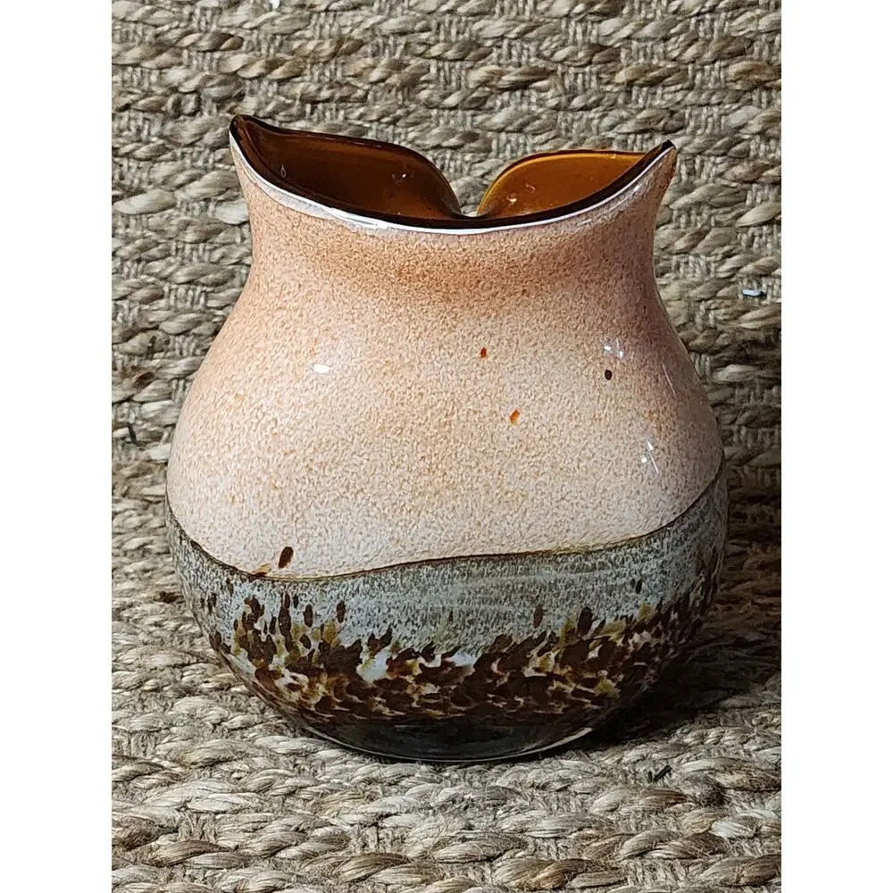 Vintage Hand Blown Studio Art Murano Glass Owl Vase Brown Cream 7